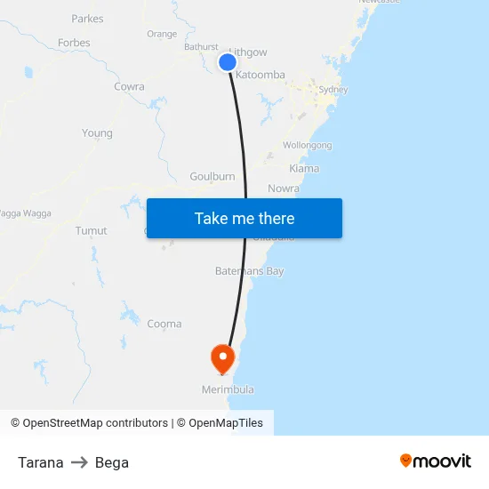 Tarana to Bega map