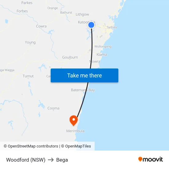Woodford (NSW) to Bega map
