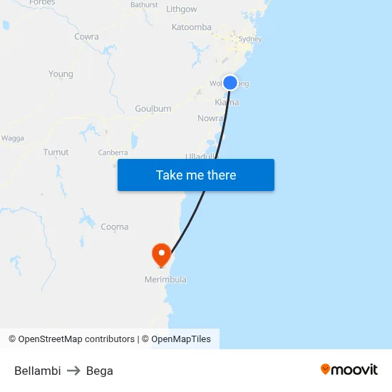 Bellambi to Bega map