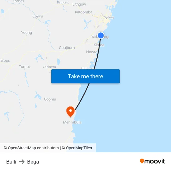 Bulli to Bega map