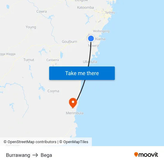Burrawang to Bega map