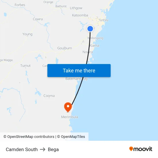 Camden South to Bega map