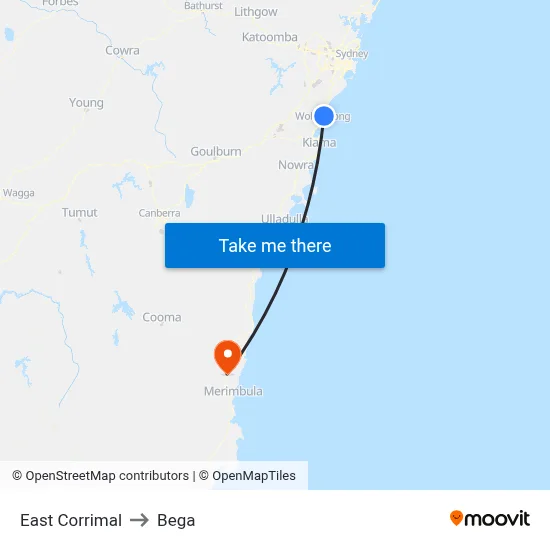 East Corrimal to Bega map