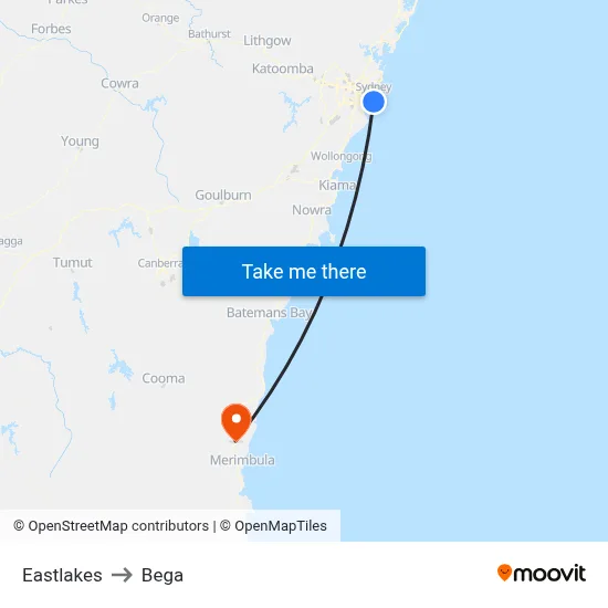 Eastlakes to Bega map