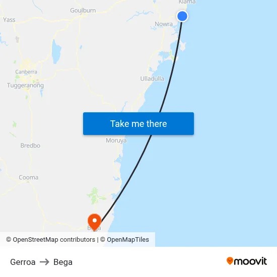 Gerroa to Bega map