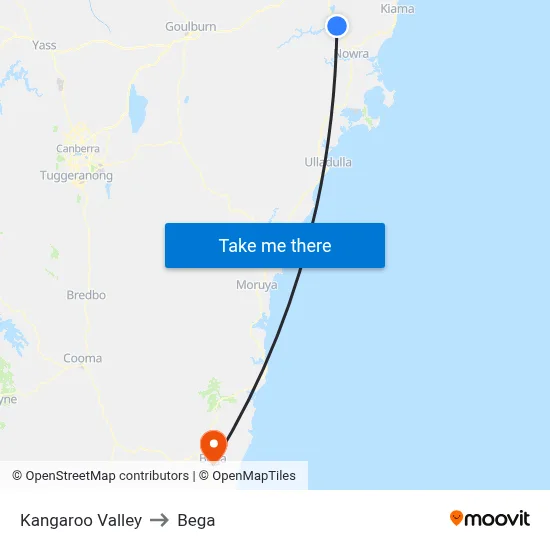 Kangaroo Valley to Bega map