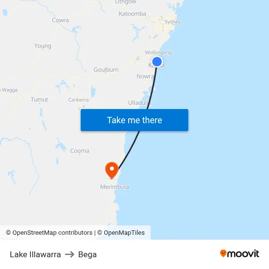 Lake Illawarra to Bega map