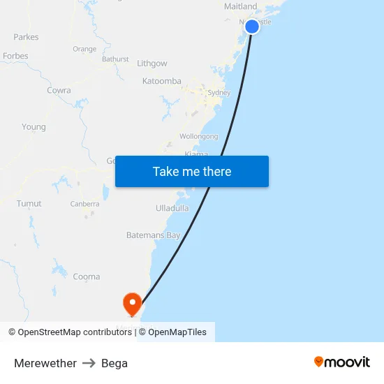 Merewether to Bega map