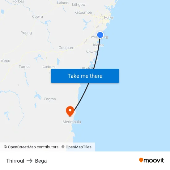 Thirroul to Bega map