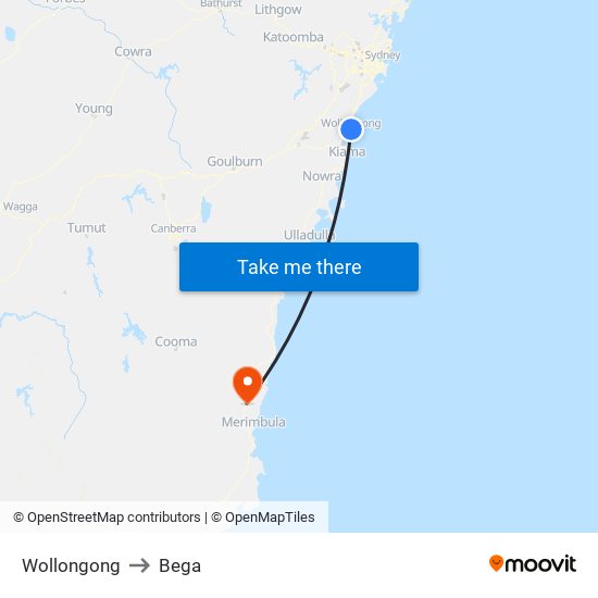 Wollongong to Bega map