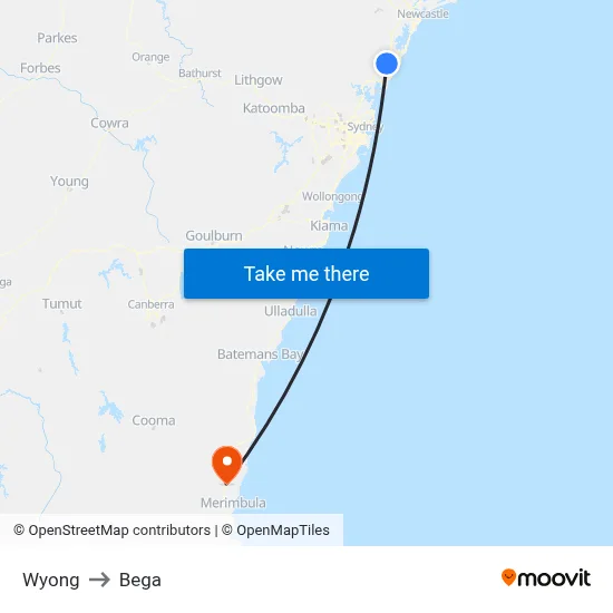 Wyong to Bega map