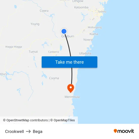 Crookwell to Bega map