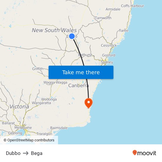 Dubbo to Bega map
