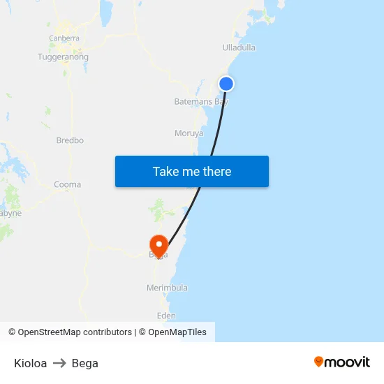 Kioloa to Bega map