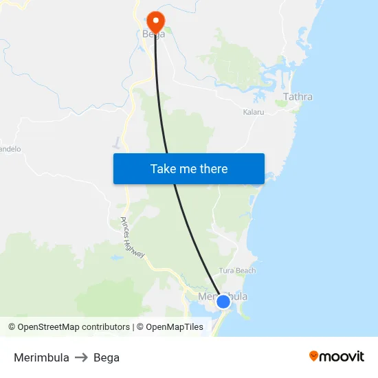 Merimbula to Bega map
