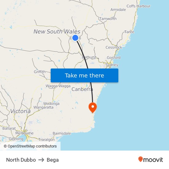 North Dubbo to Bega map