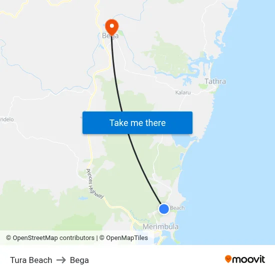 Tura Beach to Bega map
