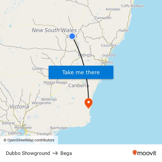 Dubbo Showground to Bega map