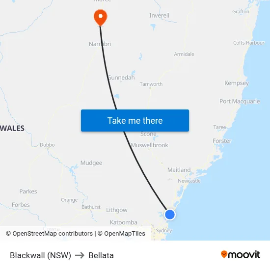 Blackwall (NSW) to Bellata map