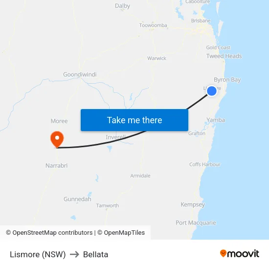 Lismore (NSW) to Bellata map