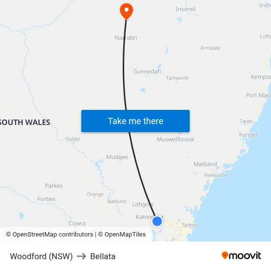 Woodford (NSW) to Bellata map