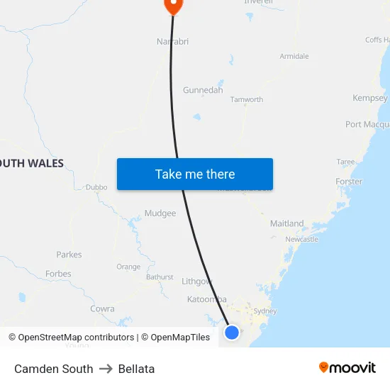 Camden South to Bellata map