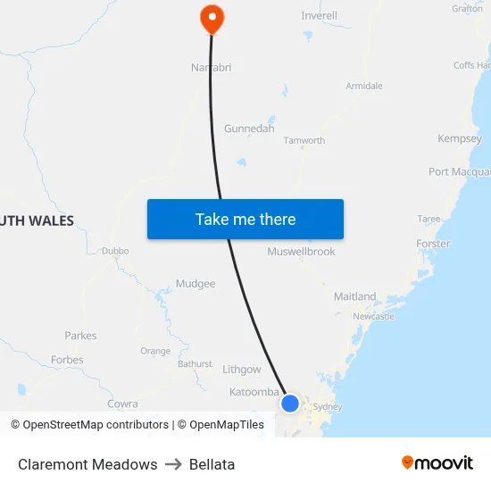 Claremont Meadows to Bellata map