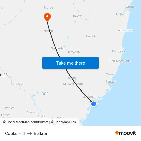 Cooks Hill to Bellata map