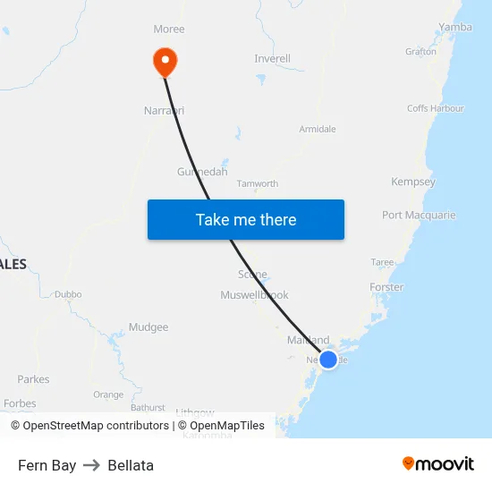 Fern Bay to Bellata map