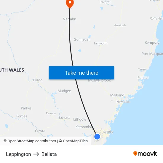 Leppington to Bellata map