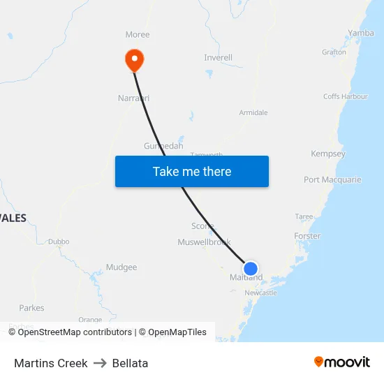 Martins Creek to Bellata map