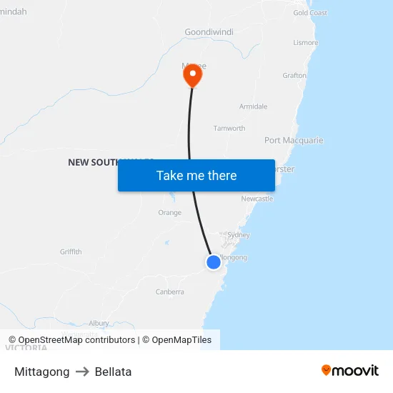 Mittagong to Bellata map