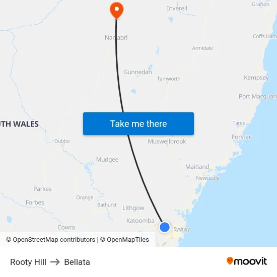 Rooty Hill to Bellata map