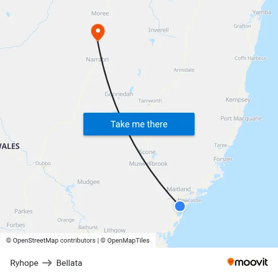 Ryhope to Bellata map