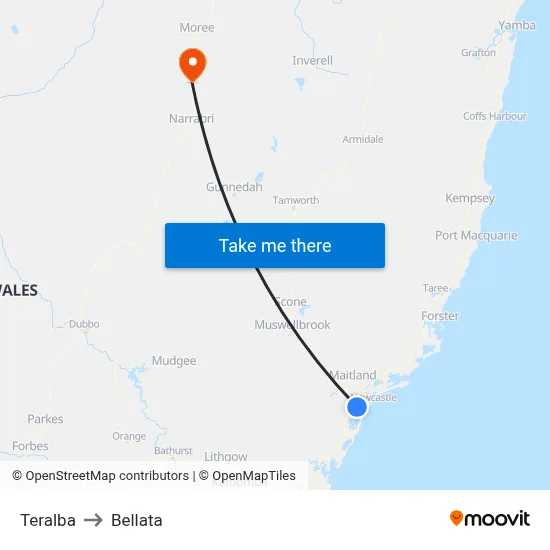 Teralba to Bellata map