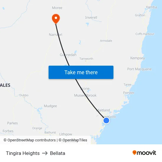 Tingira Heights to Bellata map