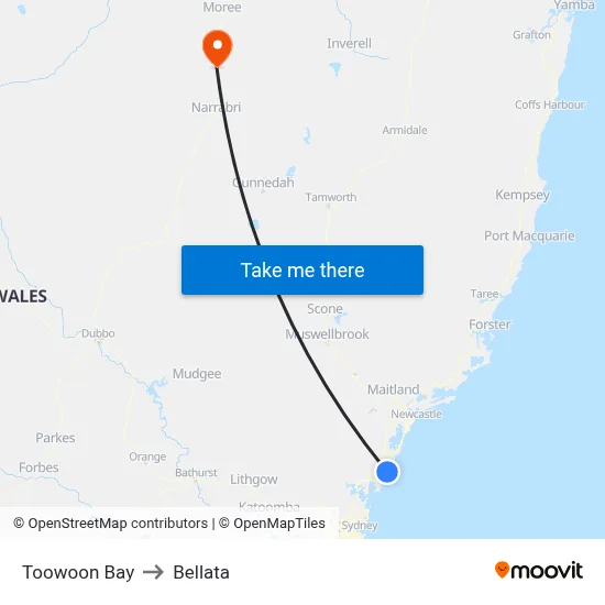 Toowoon Bay to Bellata map