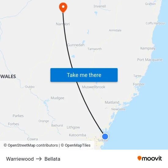 Warriewood to Bellata map