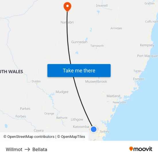 Willmot to Bellata map