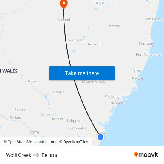 Wolli Creek to Bellata map