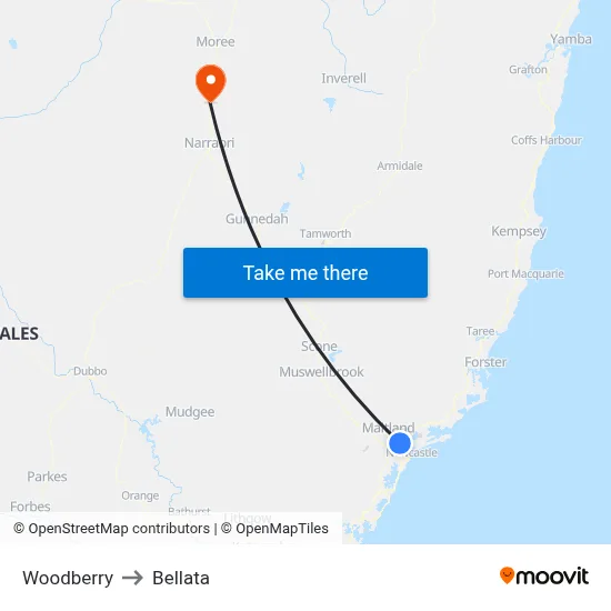 Woodberry to Bellata map