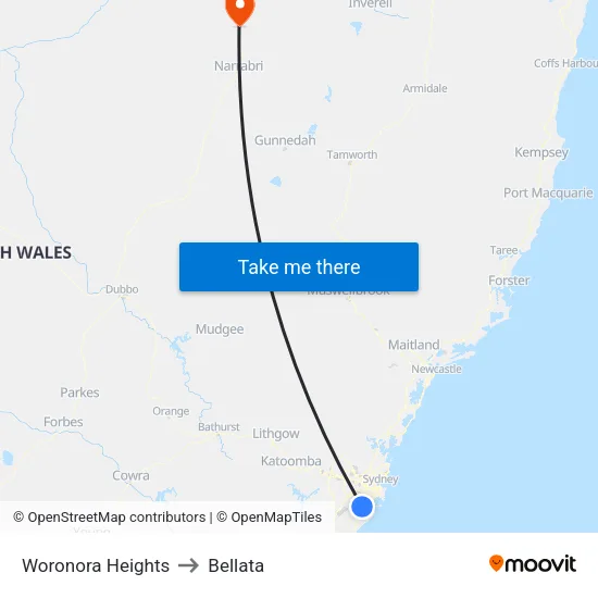 Woronora Heights to Bellata map