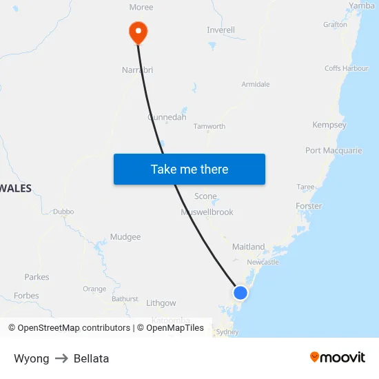 Wyong to Bellata map