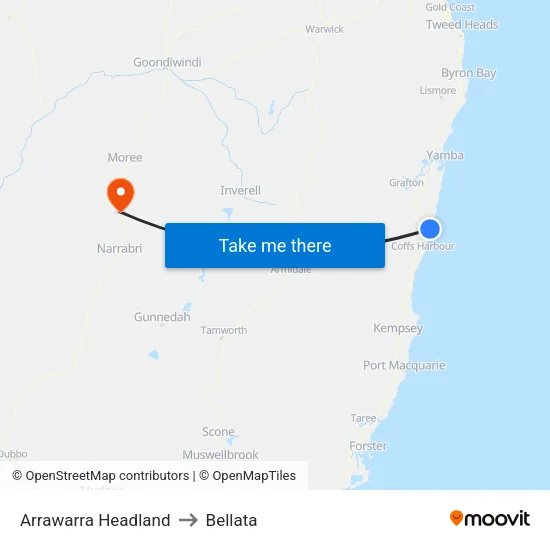 Arrawarra Headland to Bellata map