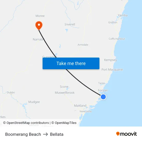 Boomerang Beach to Bellata map