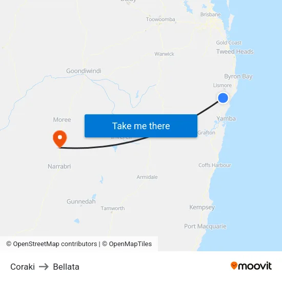 Coraki to Bellata map