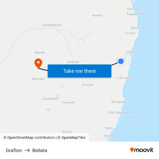 Grafton to Bellata map