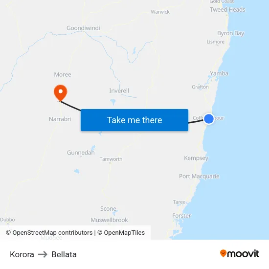 Korora to Bellata map