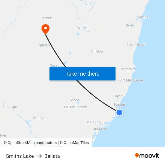 Smiths Lake to Bellata map