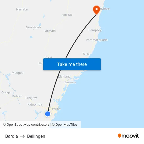 Bardia to Bellingen map